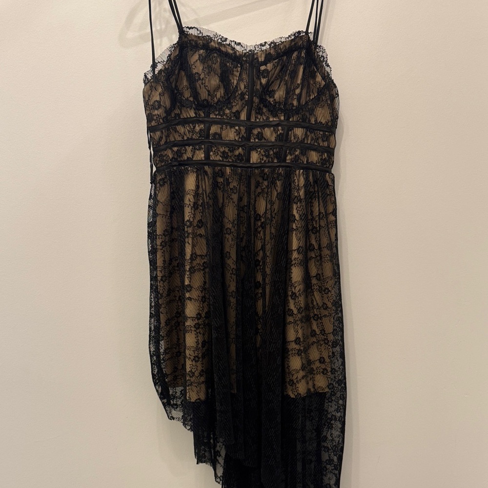 Steve Madden Black Lace Overlay Slip Dress with Nude Underlayer